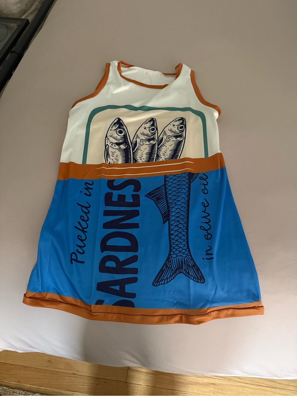 Novelty Sardines Graphic Tank Top - Blue, White & Rust Trim